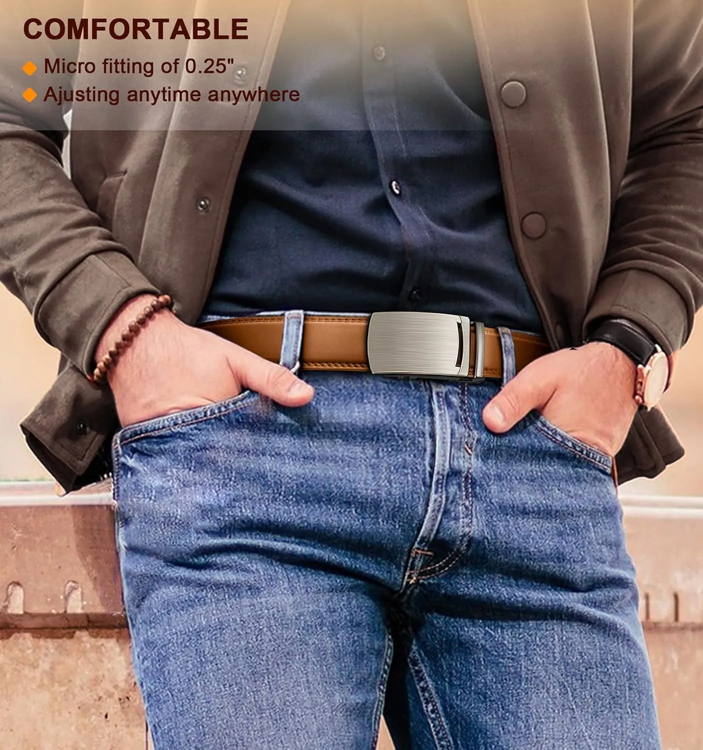 BULLIANT Mens Ratchet Belt,Leather Adjustable Slide Belt For Gift Mens Dress Casual 1 3/8",Size Adjustable