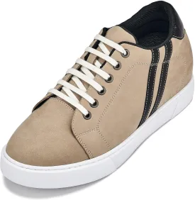 CALTO Men's Invisible Height Increasing Elevator Shoes - Nubuck Taupe Leather Lace-up Fashion Sneakers - 2.8 Inches Taller - K1552 - Size 9 D(M) US