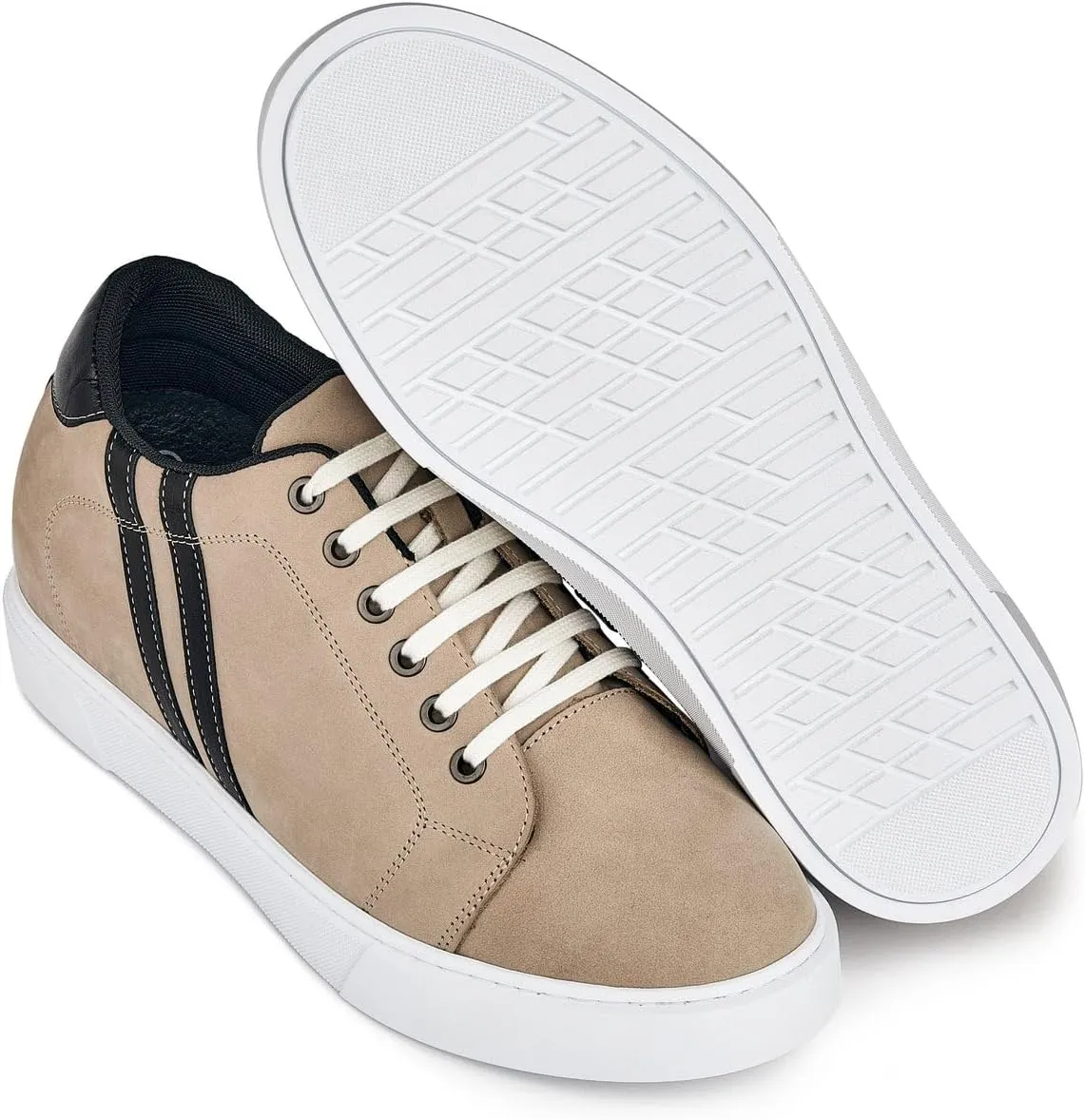 CALTO Men's Invisible Height Increasing Elevator Shoes - Nubuck Taupe Leather Lace-up Fashion Sneakers - 2.8 Inches Taller - K1552 - Size 9 D(M) US
