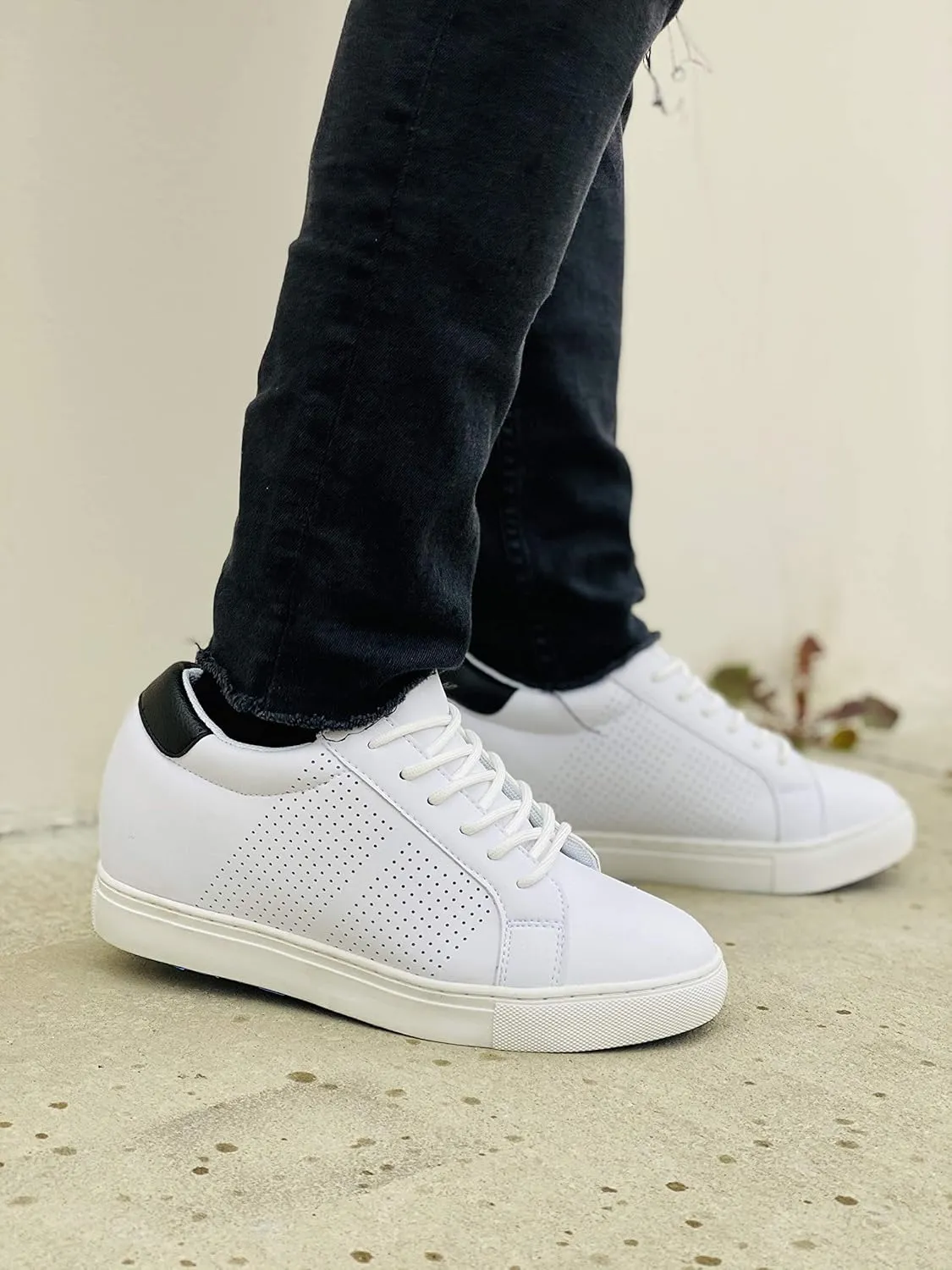CALTO Men's Invisible Height Increasing Elevator Shoes - White Leather Lightweight Lace-up Casual Fashion Sneakers - 2.6 Inches Taller - H0833 - Size 12 D(M) US