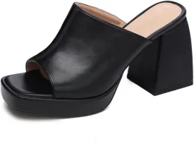 Coutgo Womens Chunky Platform Mules Sandals Slip On Block Heels Square Toe High Heeled Dress Shoes