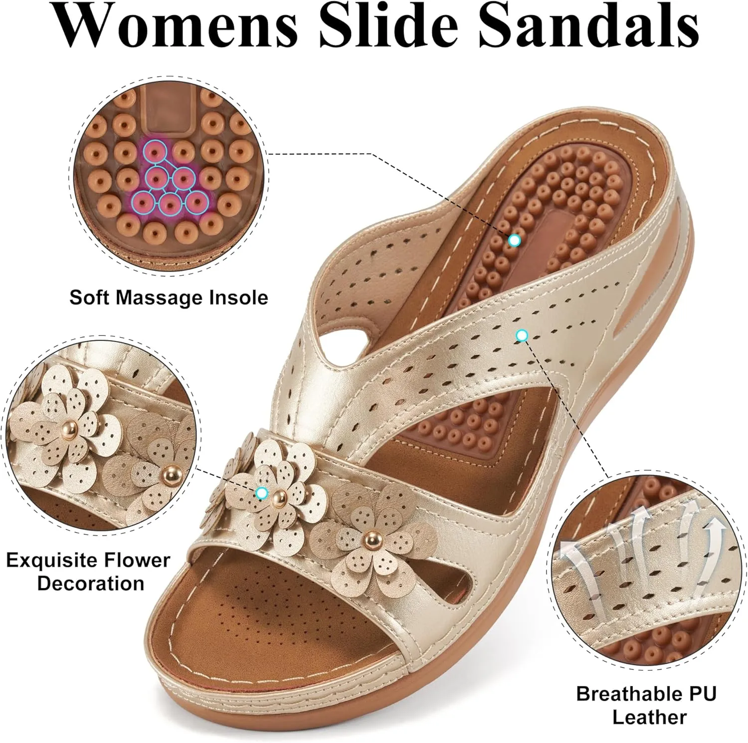 Ecetana Womens Sandals Dressy Summer Comfortable Slides with Flowers Casual Non Slip Platform Lightweight Wedge Shoes