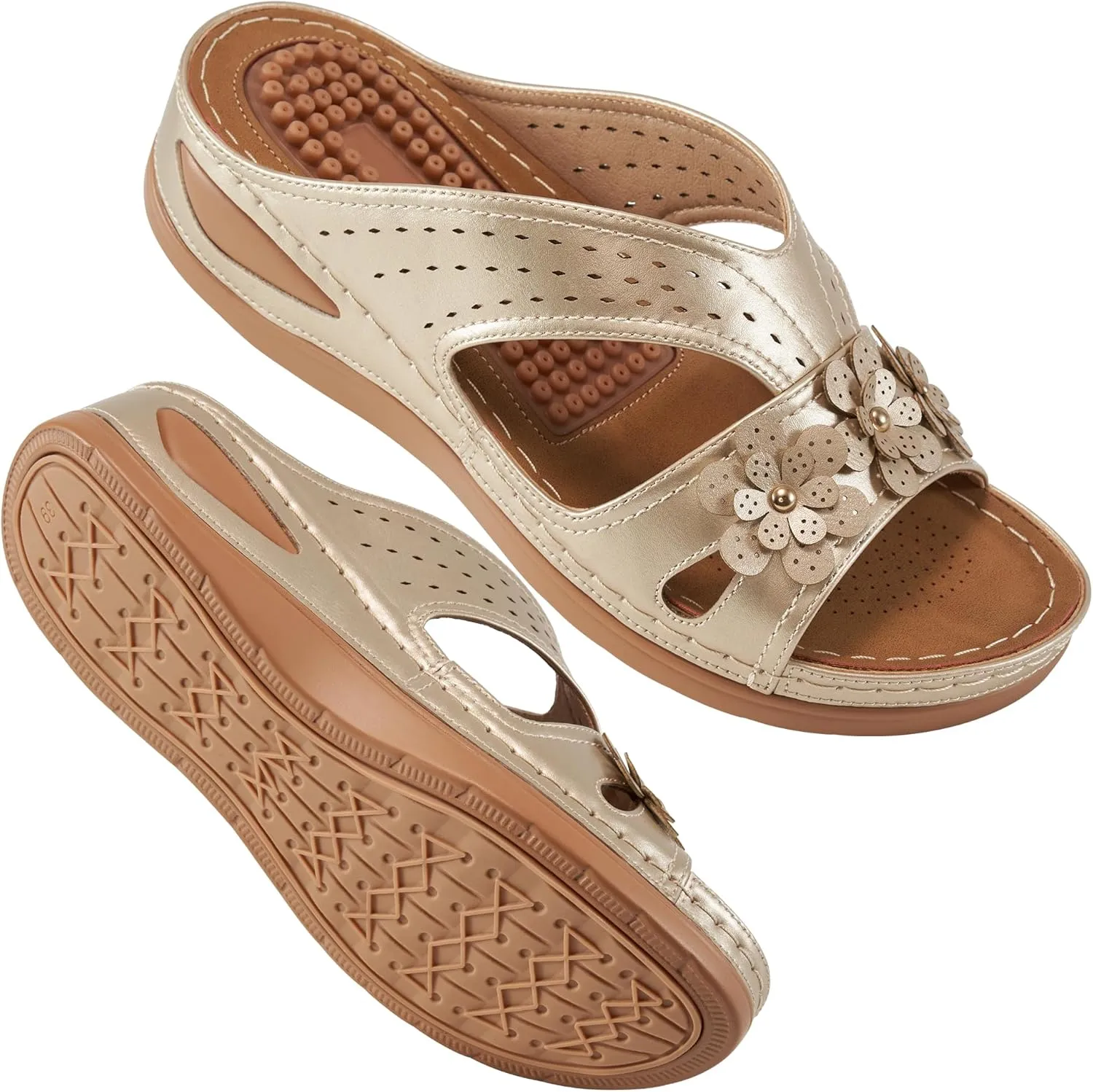Ecetana Womens Sandals Dressy Summer Comfortable Slides with Flowers Casual Non Slip Platform Lightweight Wedge Shoes