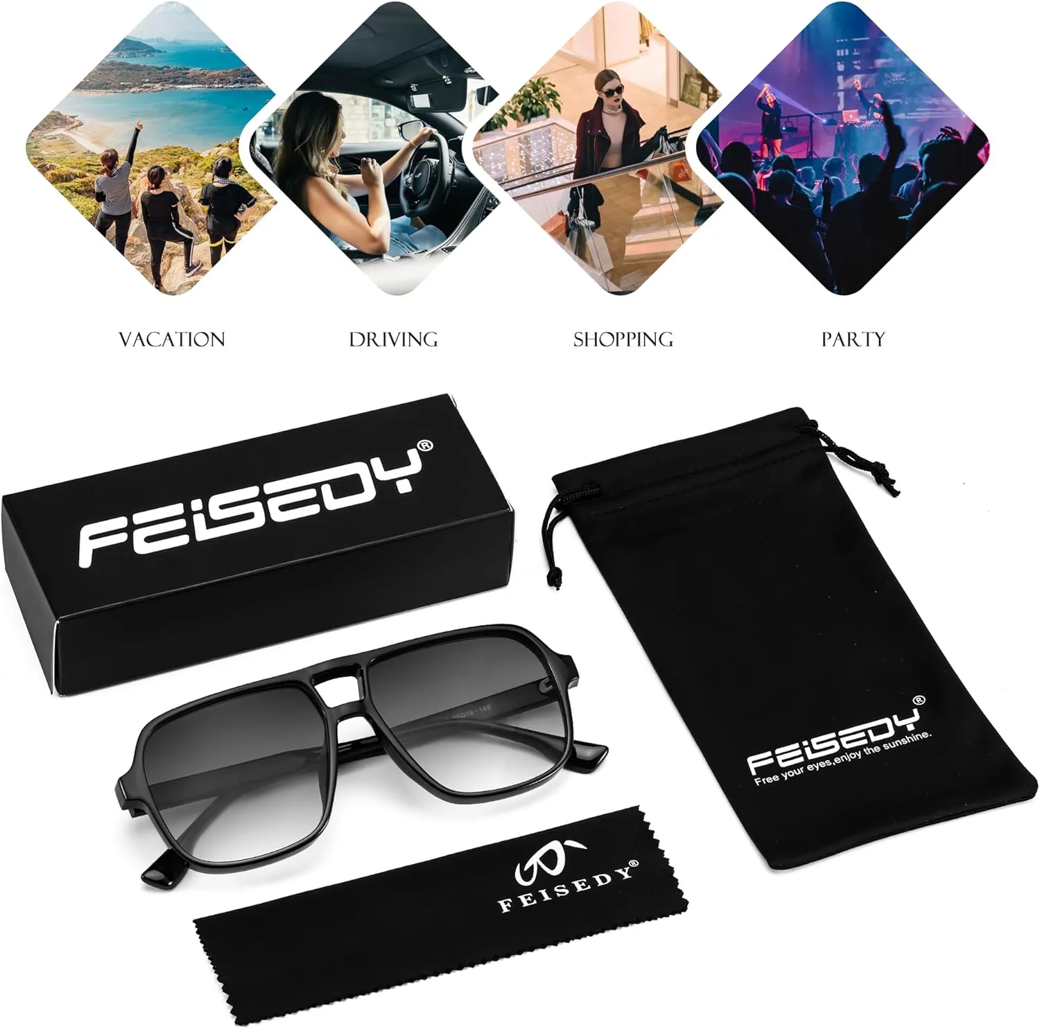 FEISEDY Retro Square Aviator Sunglasses Women Men 70s Vintage Trendy Plastic Frame Sun Glasses B4158