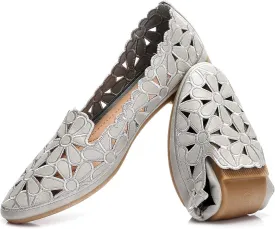 HEAWISH Women's Floral Ballet Flats for Women Black Beige Slip On Flowers PU Leather Round Toe Dress Shoes
