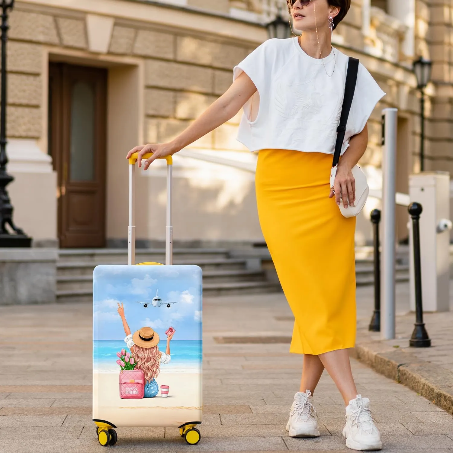 Holiday Beach Luggage Cover Washable Elastic Gir/Women Aeroplane Travel Suitcase Cover Anti-scratch Suitcase cover Fits 22-24 Inch Luggage Cover