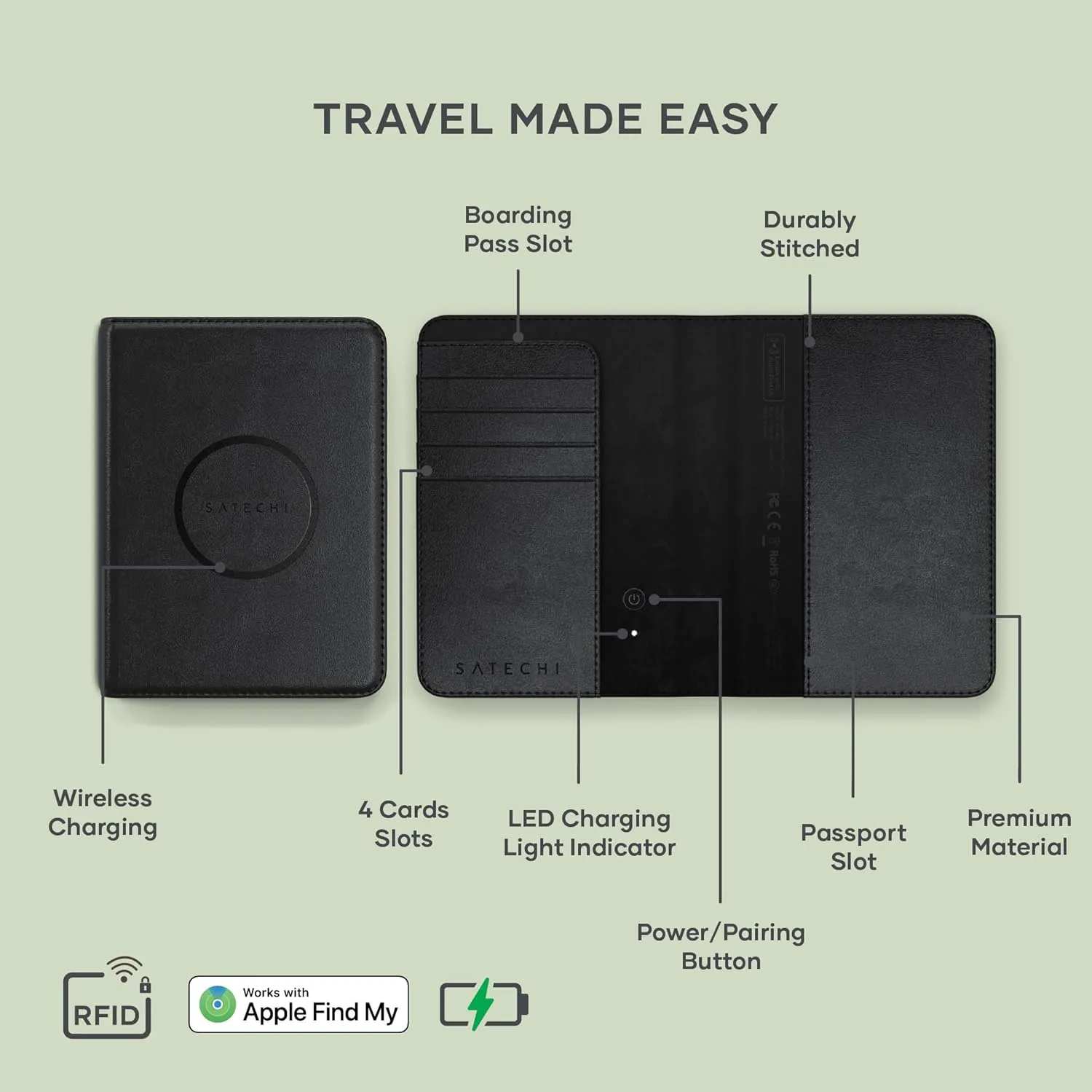 Satechi Passport Holder for Travel with Find My, Passport Cover with 4 Card Holder, Wireless Charging, and RFID protection ?C Travel Essential Vegan Leather Passport Holder ?C Black