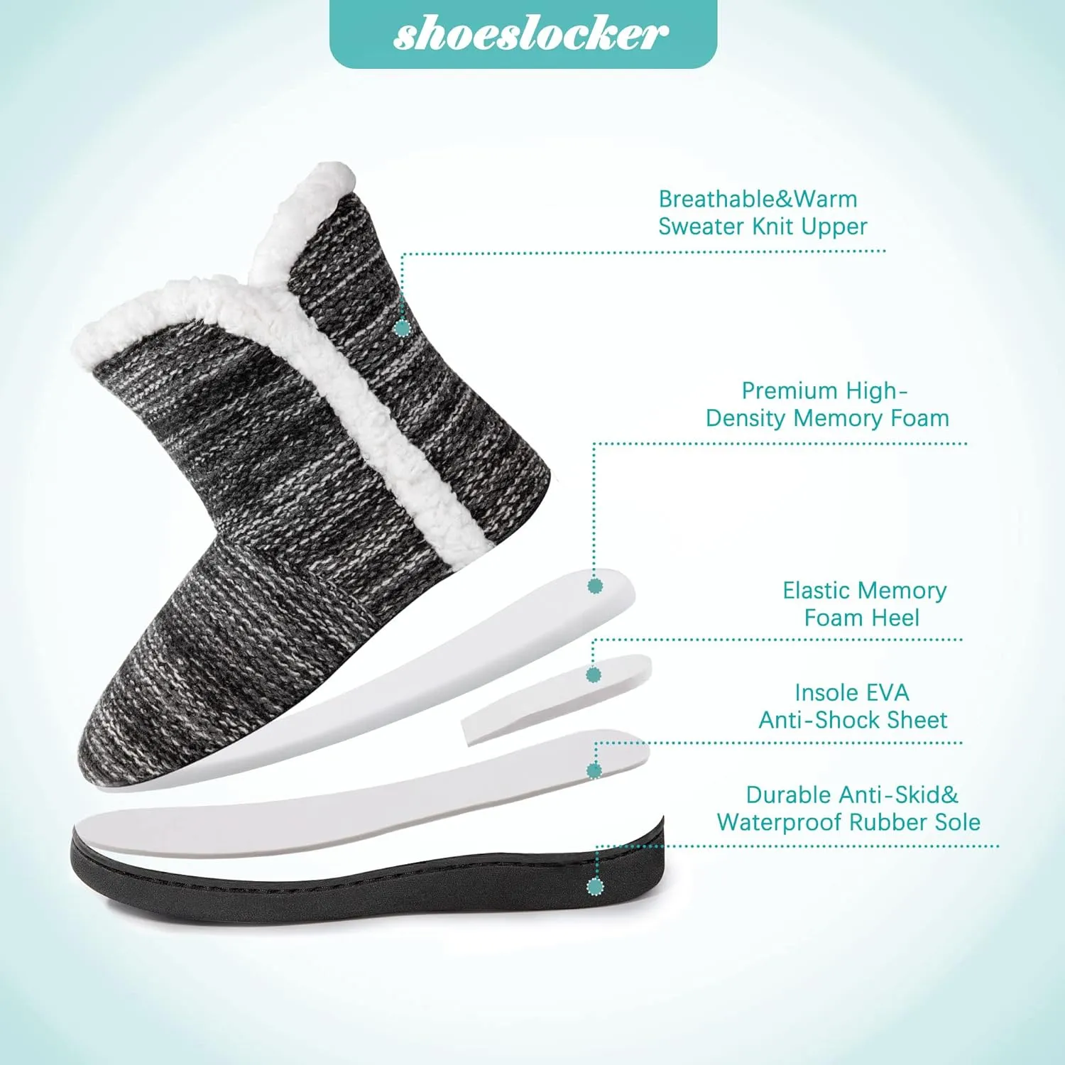 shoeslocker Womens Slipper Booties Warm Knitted Ankle Fuzzy Slippers for Women House Shoes