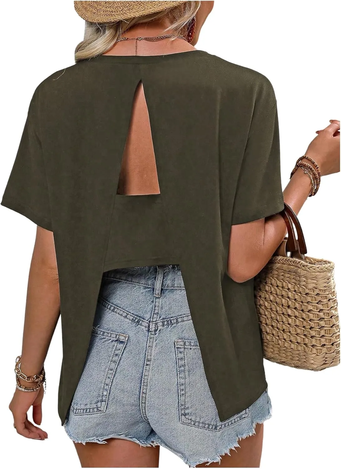 SOLY HUX Women's Open Back Tops Cut Out Split Tee Short Sleeve Round Neck Casual T Shirt